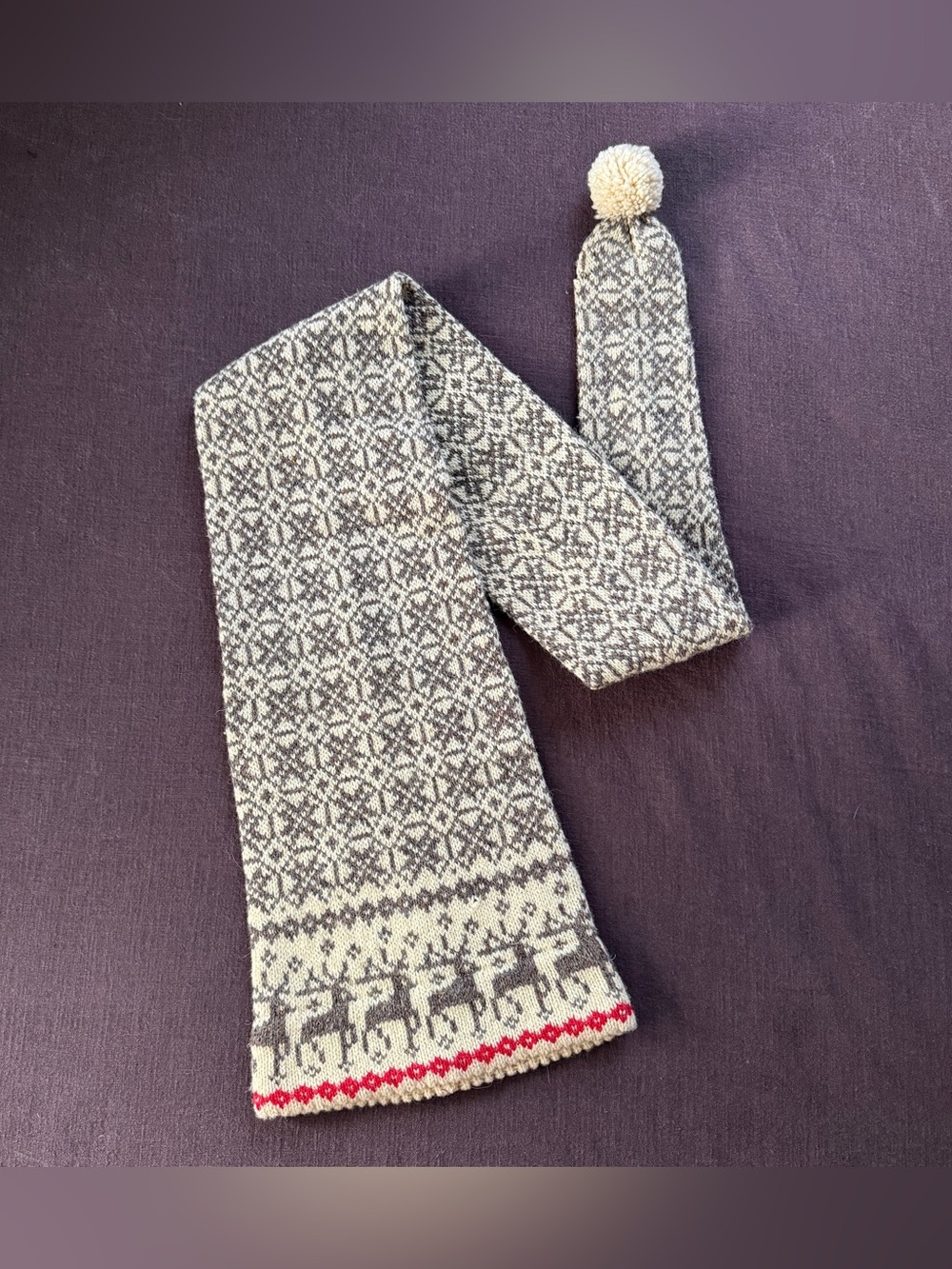 Vintage 60s 70s Nordic Wool Long Reindeer Fair Isle Knit Hat Scandinavian